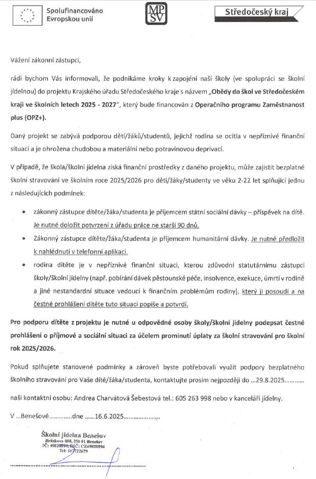 informace obedy do skol 25